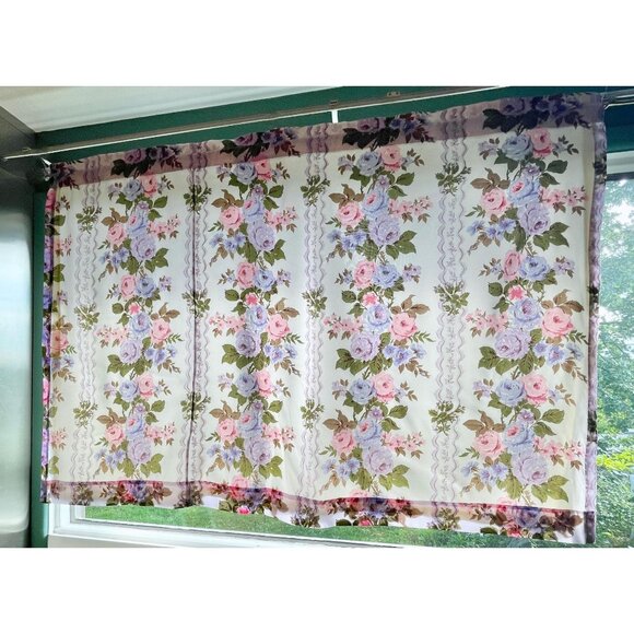 Vintage 60s curtain, purple floral, lined sheer polyester single panel - Picture 1 of 10